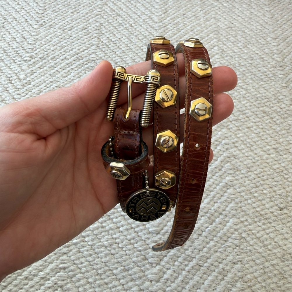 Vintage Streets Ahead Brown Leather Gold Studded Belt - Picture 2 of 10